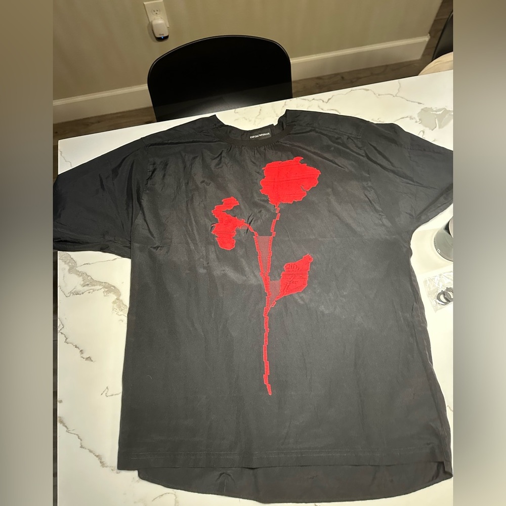 Emporio Armani Black Tee with Red Floral Design